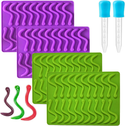 Gummy Candy Molds - 4Pcs Silicone Gummy Worm Molds for Kids With 2pcs Dropper,Non-stick and Bpa Free for Mini Candy Chocolate Gummies Baking