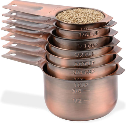 Copper Measuring Cups Set 7, Stainless Steel Set for Kitchen & Baking, Meteor Metric & US Cups With 2/3 & 3/4 Measure for Dry & Liquid Ingredients
