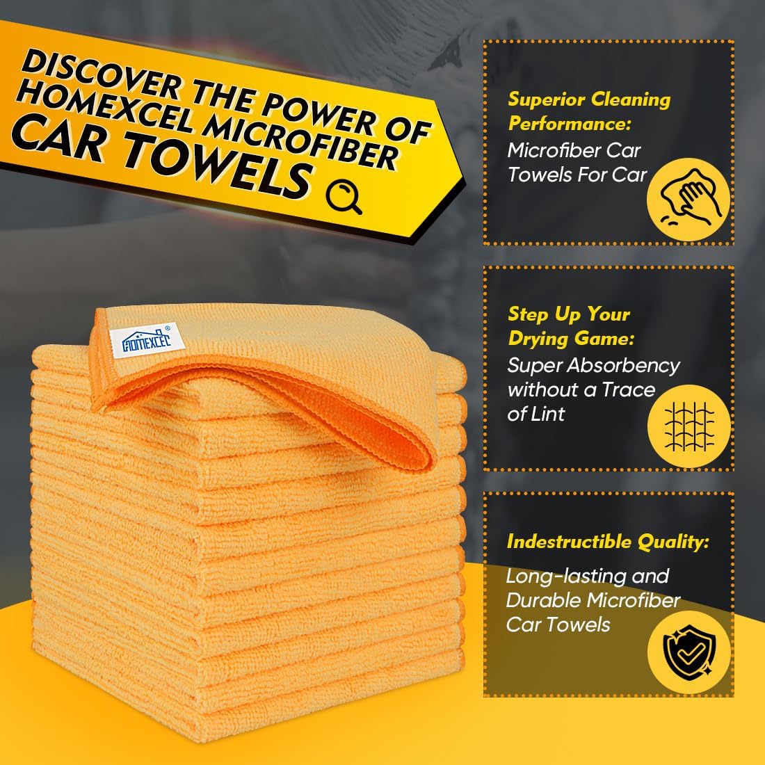 Homexcel Yellow Microfiber Cleaning Cloths 12 Pack, 12.5 x 12.5 inch Microfiber Towel for Cars, Ultra Absorbent Car Washing Cloth