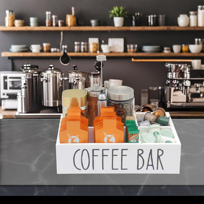 Coffee Station Organizer with Removable Dividers Disposable Cup Holder Wooden Countertop Organizer for Tea Condiment Accessories Storage Farmhouse Bar Decor Black (White)