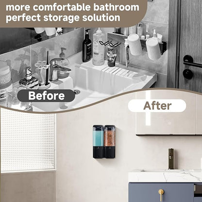 Shower Soap Dispenser Wall Mounted Shower Dispenser 2 Chamber No Drill Shampoo and Conditioner Dispenser Refillable Shampoo Dispener for Shower 2 * 500ml for Bathroom Hotel (Black 2 Chamber)