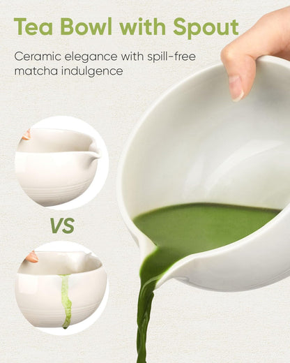 Matcha Bowl and Whisk Holder Set, Ceramic Tea Bowl and Whisk Stand, Matcha Tea Mixing Bowl with Spout (18 Ounce), Whisk Rest, Ivory White