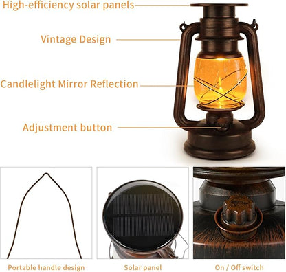 2 Pack Solar Hanging Lantern Outdoor, Solar Powered, Auto On/Off Waterproof LED Flame Umbrella Vintage Lights for Garden, Patio, Yard, Flickering Flameless Candle Mission Lights for Table, Party