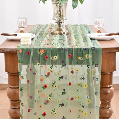 Joanlody Sage Green Embroidery Daisy Spring Summer Table Runner Florals Seasonal Easter Tulle Table Runner Holiday Kitchen Dining Table Decoration for Home Party Indoor