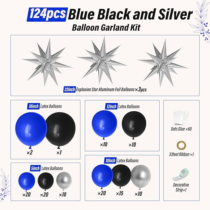 FOTIOMRG Royal Blue and Black Balloon Garland Arch Kit with 3pcs Star Balloon, Navy Blue Balloons Metallic Sliver Black Balloons for 30th 40th 50th Birthday Graduation New Years Party Decorations