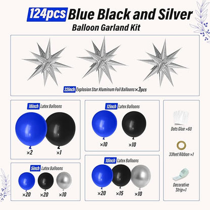 FOTIOMRG Royal Blue and Black Balloon Garland Arch Kit with 3pcs Star Balloon, Navy Blue Balloons Metallic Sliver Black Balloons for 30th 40th 50th Birthday Graduation New Years Party Decorations