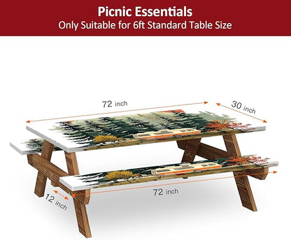 Picnic Table Cover with Bench Covers 6FT 3PCS, Camping Essentials Waterproof Windproof Tablecloth with Drawstring Bag, Fitted Rectangle Tables and Seats, 72", RV Serenity