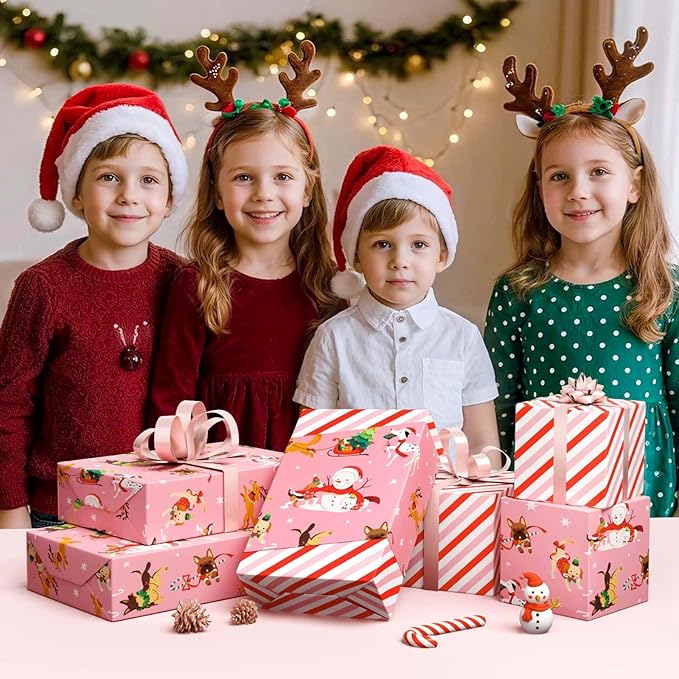 WERNNSAI Dog Christmas Wrapping Paper Roll - 1 Roll 17”x 33 ft Pink Puppy Christmas Wrapping Paper Reversible Red Candy Cane Stripe Gift Wrap for Kids Adults Xmas Winter Puppy Party Celebration