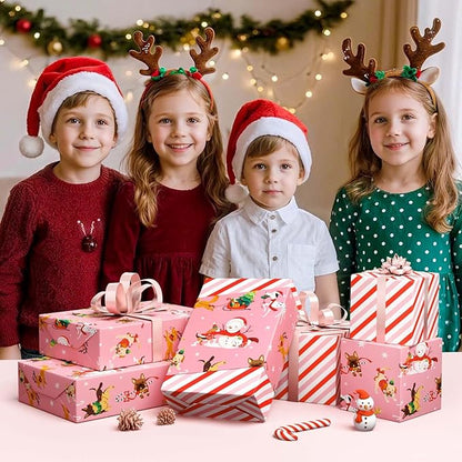 WERNNSAI Dog Christmas Wrapping Paper Roll - 1 Roll 17”x 33 ft Pink Puppy Christmas Wrapping Paper Reversible Red Candy Cane Stripe Gift Wrap for Kids Adults Xmas Winter Puppy Party Celebration