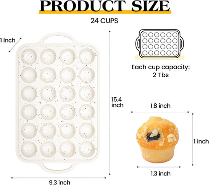 Mini Muffin Pan, 24 Cups, Cream | Metal Reinforced Frame, Nonstick Silicone, Food Grade, With Handles