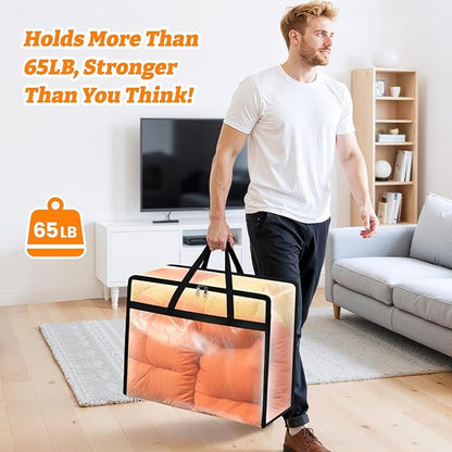 BlissTotes 6 Pack Clear Clothes Storage Bags, Moving Bags, Foldable Blanket Storage Under Bed Storage Containers with Sturdy Zipper and Handle for Clothing, Comforter, Bedding, Sheet (40L)