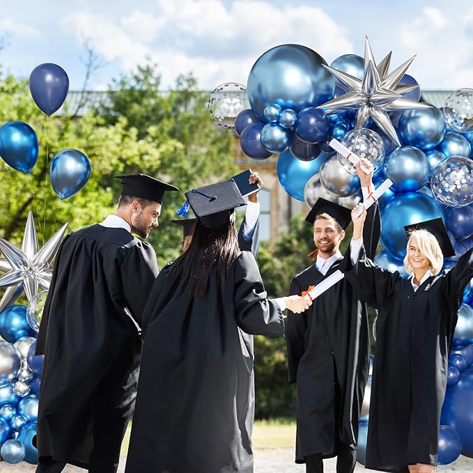 Blue Silver Balloon Arch Kit, 130Pcs Navy Blue Metallic Blue Silver Balloons with Foil Star Confetti Balloons for College High School Graduation Decorations Class of 2026