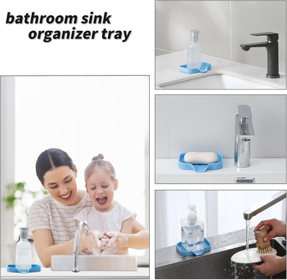 Silicone Bathroom Soap Dishes with Drain Spout-Bathroom and Kitchen Sink Organizer,Sponge Holder,Dish Soap Tray,Perfect for Dispenser,Scrubber,Bottle on Sink or Counter-Light Blue 4.9"×3.2"