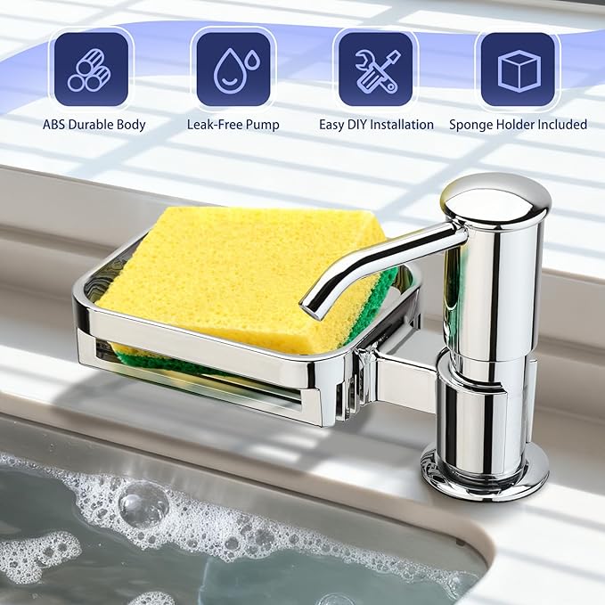Kitchen Sink Soap Dispenser with 40" Extension Tube – Built-in Sponge Holder, Leak-Proof ABS Pump, No Messy Refills, Under-Sink Bottle Connection Kit for Dish Soap, Hand Soap & Lotion (Brushed Nickel)