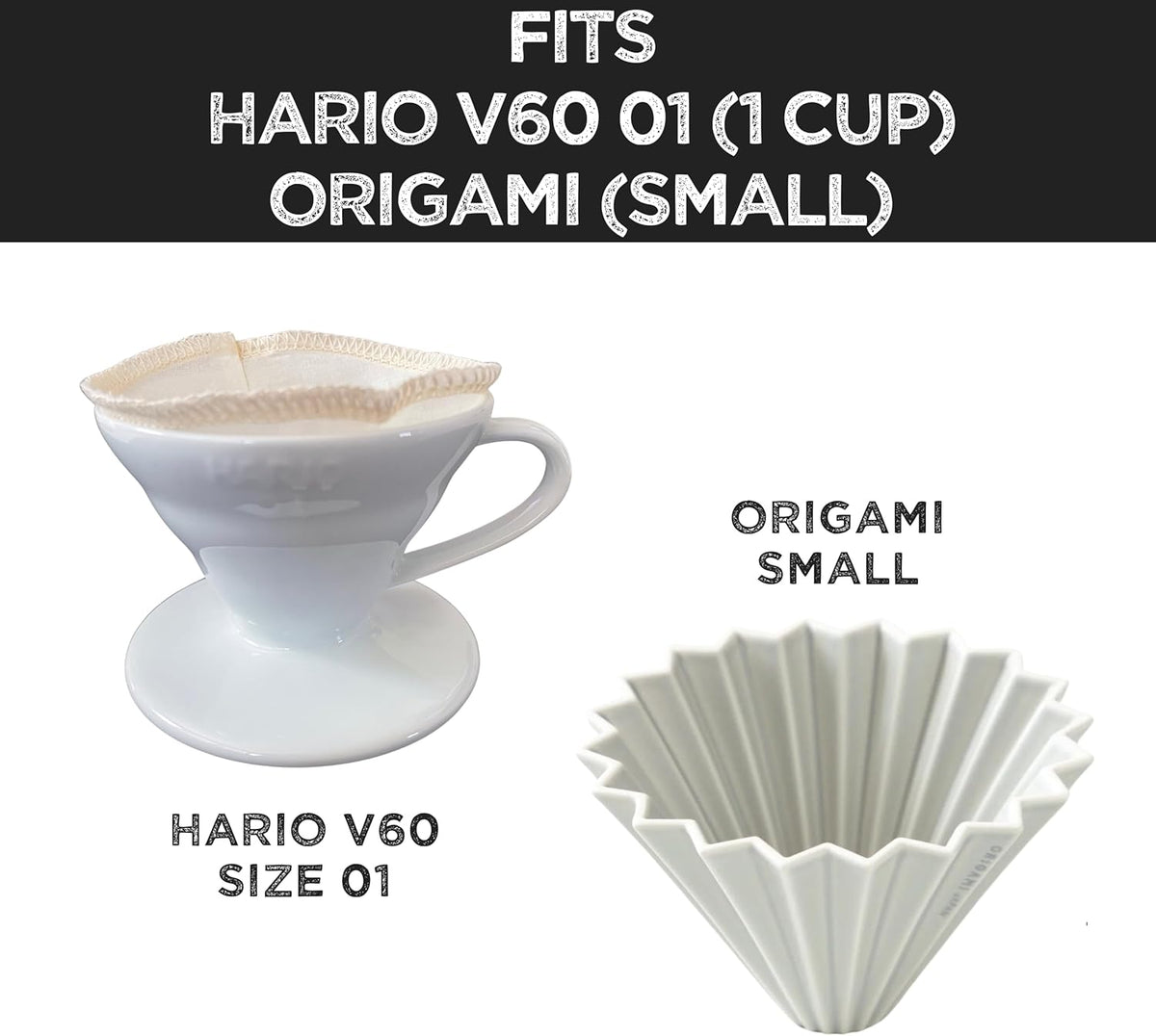 2-Pack) Reusable Organic Cotton Filters for Hario V60 and Origami Style Pourover Coffee Filters, Ceramic Cup, Glass, Plastic Dripper (Size 01