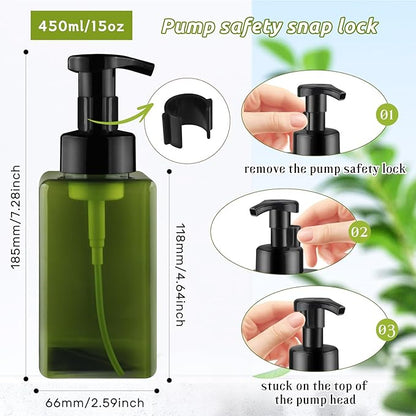 3 Pack Foaming Soap Dispenser Empty Plastic Foam Pump Bottle Refillable Foam Soap Bottle Dispenser for Shampoo Liquid Soap Face Wash (Green, 450ml/15oz)