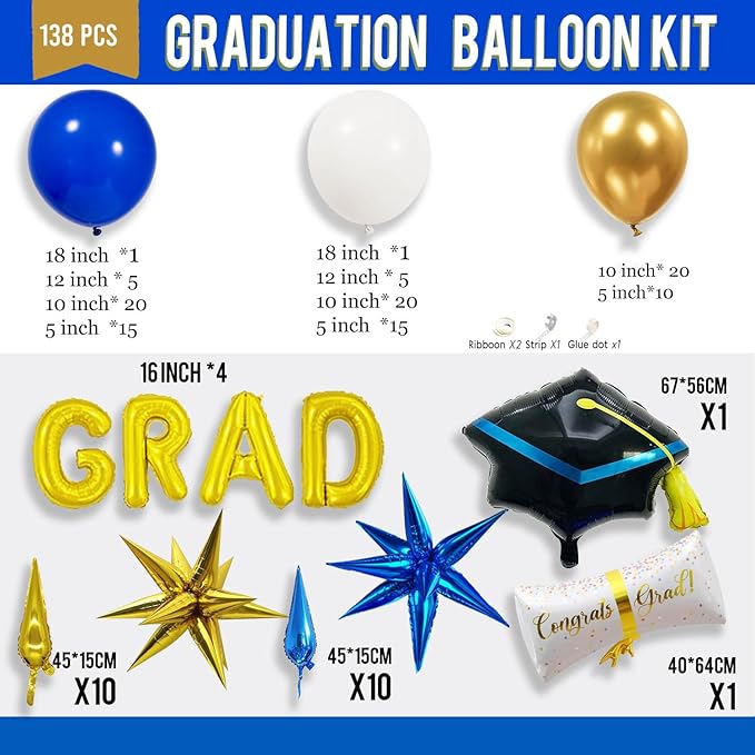 138Pcs Graduation Balloon Garland Arch Kit Blue and Gold - Class of 2026 Decorations with GRAD Foil Balloons, Cap and Diploma Balloons for College High School Graduation Prom Party Supplies