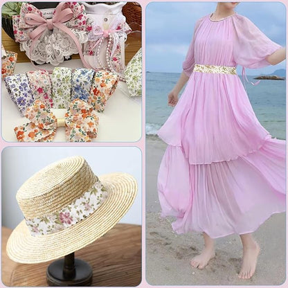 3 Rolls 6 Yards 1 Inch Flower Printed Ribbon Set Vintage Double Face Colorful Floral Pattern Wavy Edge Polyester Fabric Ribbons for Sewing Wedding Home Decor Gift Wrapping DIY Craft Supply