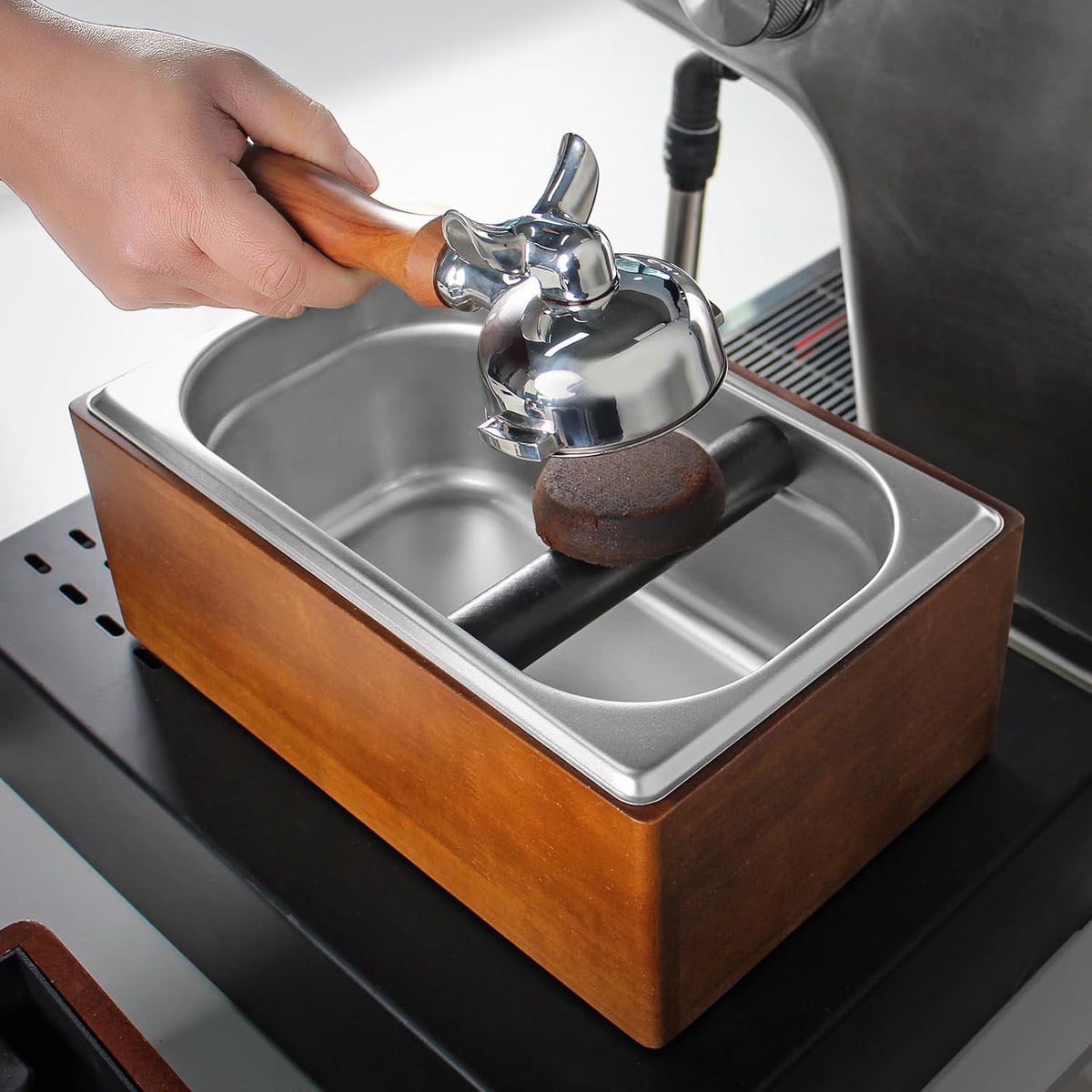 Knock Box Espresso, Coffee knockbox with Rubber Knock Bar and Anti-slip Pad, Commercial Use Large Capacity, Stainless Steel and Wooden