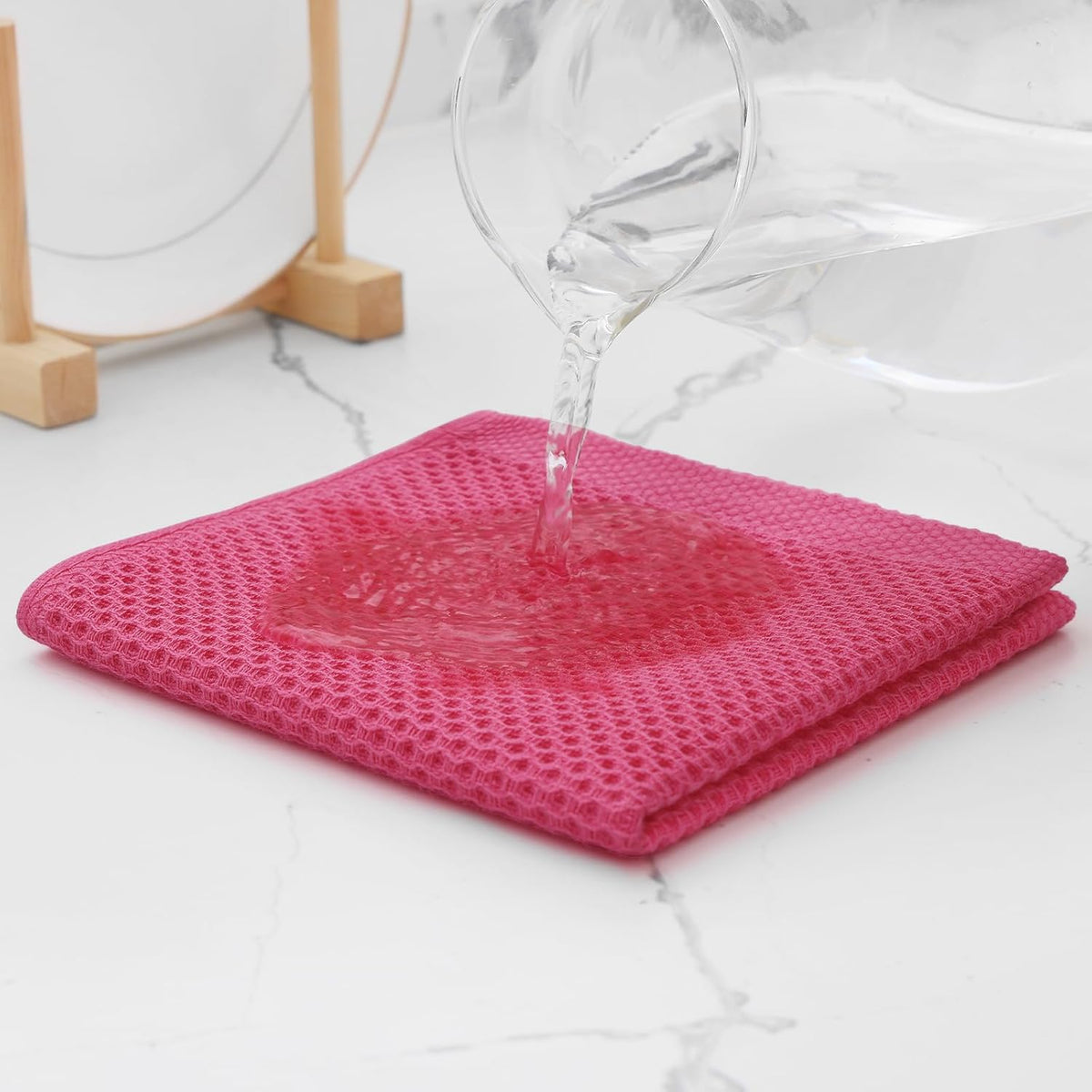 Kitinjoy 100% Cotton Kitchen Dish Cloths, 6 Pack Waffle Weave Ultra Soft Absorbent Dish Towels for Drying Dishes Quick Drying Kitchen Towels Dish Rags, 12 X 12 Inches, Hot Pink