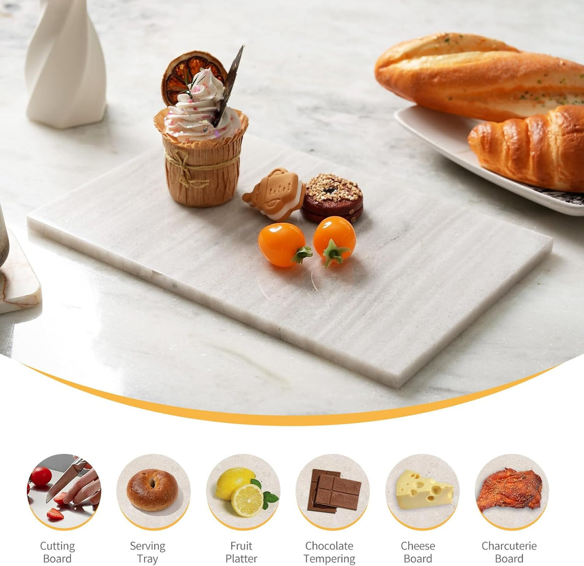 Koville Natural Marble Cutting Board for Kitchen Countertop, 12" x 8" Pastry Bread Macaron Display Board, Real Stone Slab Marble Cheese Boards