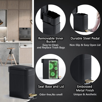 CEROELDA Small Bathroom Trash Can with Lid Soft Close-5L/1.3 Gal Slim Garbage Can-Metal Step Wastebasket-Rectangle Narrow Waste Bin for Office, Bedroom, Toilet, Live Room (Embossed-Black)