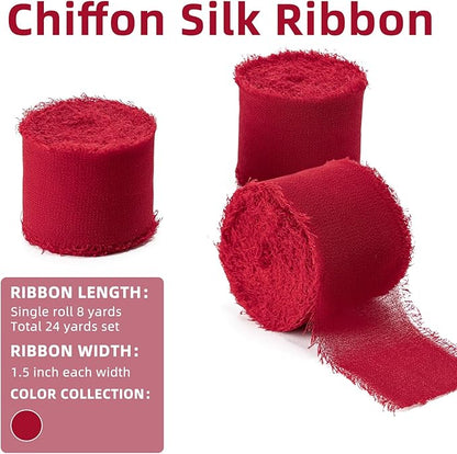 Husfunov Red Handmade Chiffon Ribbon,1.5Inch x 3 Rolls Total 24 Yards Red Fringe Chiffon Silk Ribbon,for Wrapping Wedding Invitations,Bridal Bouquets,DIY Crafts,Home Decor and More