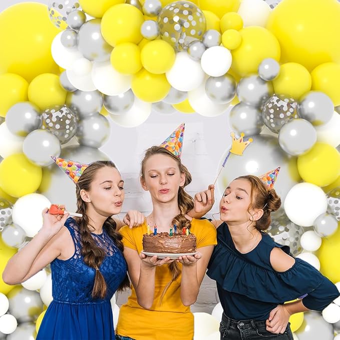 Yellow White Silver Balloon Garland Arch Kit, 122Pcs Yellow White Metallic Silver Latex Balloons for Baby Shower Wedding Birthday Graduation Anniversary Bachelorette Party