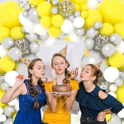 Yellow White Silver Balloon Garland Arch Kit, 122Pcs Yellow White Metallic Silver Latex Balloons for Baby Shower Wedding Birthday Graduation Anniversary Bachelorette Party