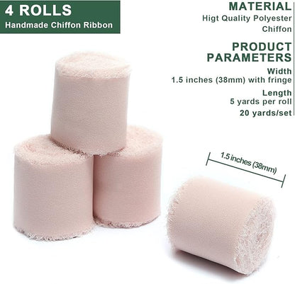 4 Rolls Blush Pink Handmade Fringe Chiffon Silk Ribbon 1.5" W x 5Yd Per Roll,Frayed Edges Ribbon Set for Gifts Wrapping,Wedding Invitations,Bouquets,DIY Crafts (1.5" x20Yd, Blush Pink)