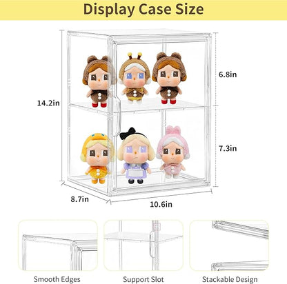 Acrylic Display Case with Removable Shelf, 2 Tier Clear Plastic Stackable Storage Bins with Magnetic Lids, Figure Display Case for Collectibles Cosmetic Acrylic Box, 4 Pack