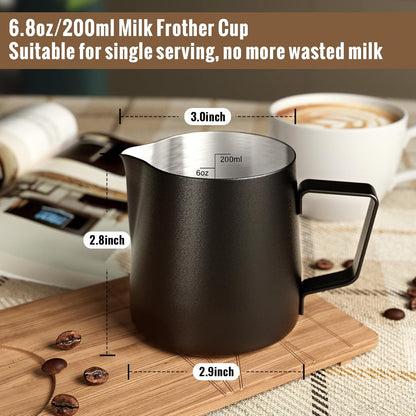 Hulisen 6.8oz/200ml Milk Pitcher, Stainless Steel Espresso Latte Steaming Frothing Pitcher, Coffee Milk Frother Maker, Pour Cup