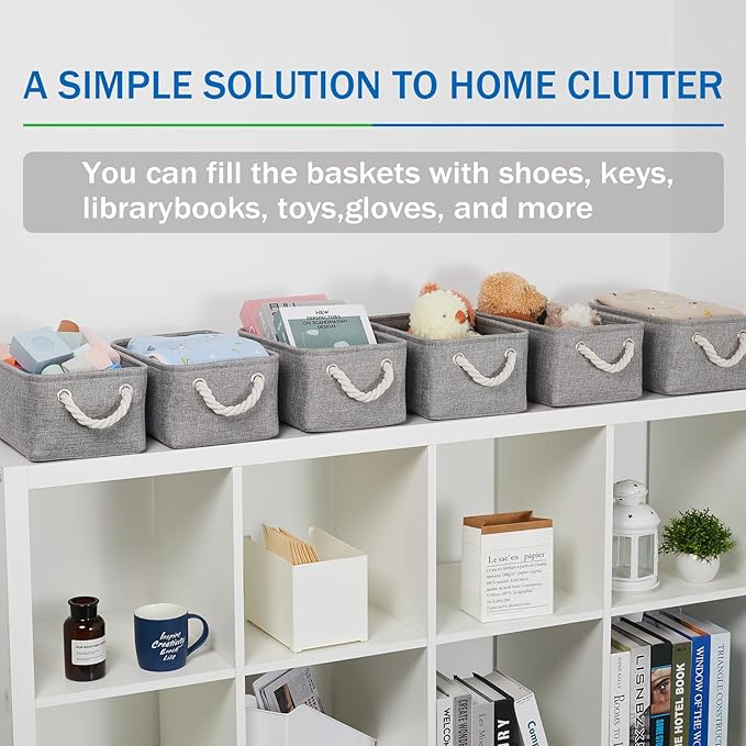 Bidtakay Small Gray Baskets Set of 6 Fabric Storage Bins with Handles 11.8 x 7.8 x 5 inch Collapsible Canvas Organizer Bins Baskets for Organizing Closet Shelf Storage