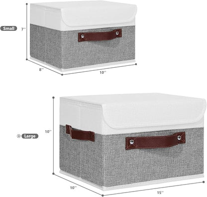 ANMINY Storage Boxes with Lids Washable Decorative Storage Bins Basket with PU Leather Handle Foldable Linen Fabric Storage Cubes Containers for Home Closet Organizer - Gray White, Large Size
