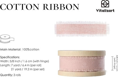 Vitalizart Pink Cotton Ribbon Handmade Fringe 5/8" x 21 Yd Pink & Cream White Pure Natural Cotton Ribbons for Valentines Day Gift Wrapping Wedding Invites Bridal Shower Bouquets Holiday Decor