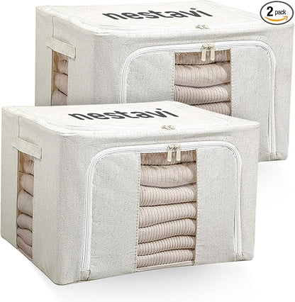 24L Pack Of Two Clothes Storage Bin, Foldable Blanket Storage Bags with Zippers, Under Bed Storage Box, Clear Window and Reinforced Handles, Bed Sheets Storage Box