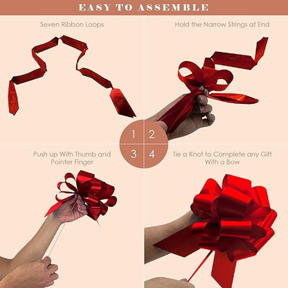 UNIQOOO Assorted Gift Wrap Pull Bow Set of 48, Medium 4'' Large 6'', Bulk for Gift Wrapping Basket Box Bag Décor, Valentines Day Wedding Birthday Christmas Anniversary, Metallic Rose Gold Red Sliver