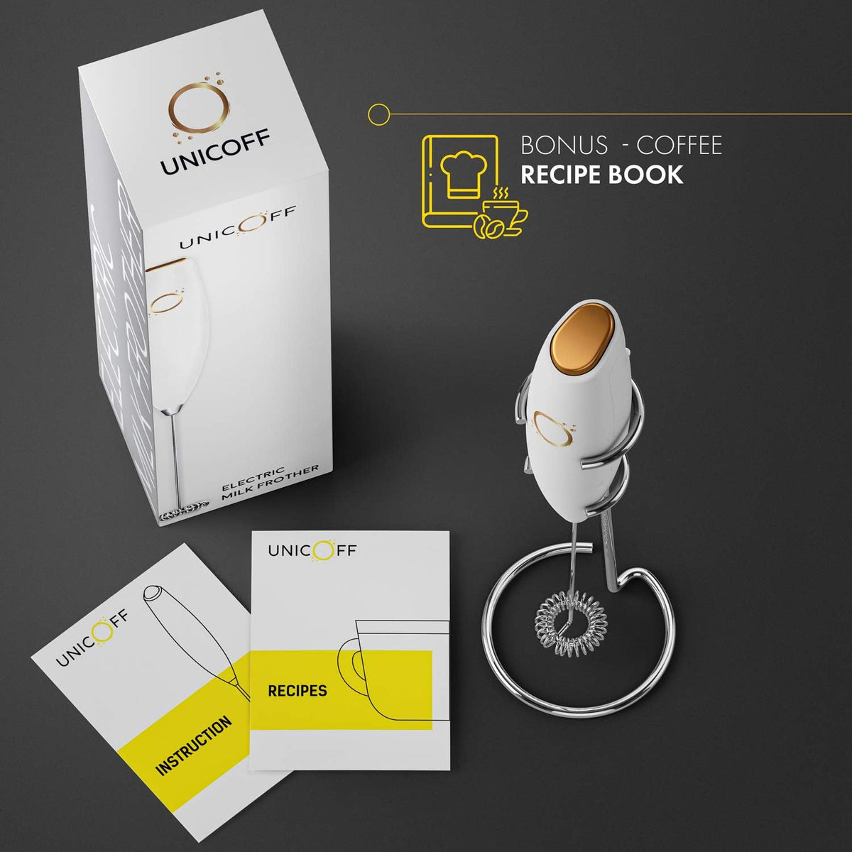 Milk Frother White - Coffee Frother Handheld with Electric Whisk - 19000 rpm - Book Recipes and Stainless Steel Stand Included