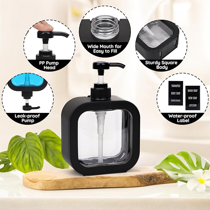 Segbeauty 2pcs 16.9oz Refillable Hand Soap Dispenser, 500ml Leak-Proof Liquid Soap Dispenser for Bathroom, Dish Soap Dispensers for Kitchen Sink, Black Empty Plastic Shampoo Pump Bottle with Labels