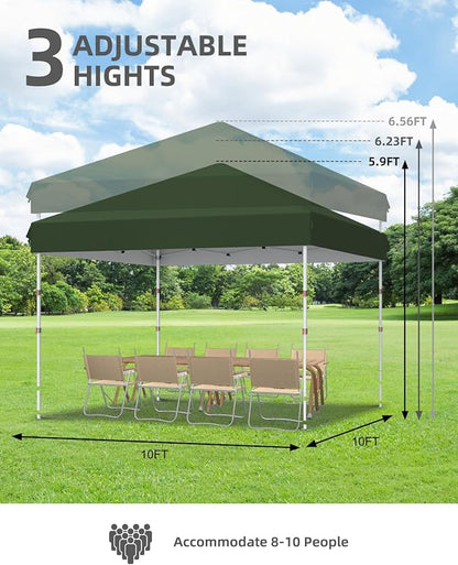 10x10 Pop Up Canopy with One Button Push Setup - Heavy Duty Outdoor Canopy Tent with Portable Roller Bag - 3 Adjustable Height, 4 Weight Bags, 8 Stakes & 4 Guy Ropes Included, Green