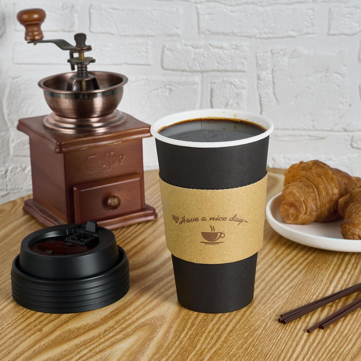 Litopak 100 Pack 16 oz Paper Coffee Cups with Lids, Black Disposable Coffee Cups with Lids, Sleeves and Stirring Sticks, for Parties, Picnic, Travel