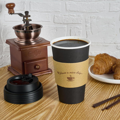 Litopak 100 Pack 16 oz Paper Coffee Cups with Lids, Black Disposable Coffee Cups with Lids, Sleeves and Stirring Sticks, for Parties, Picnic, Travel