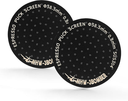MHW-3BOMBER 58.5mm Espresso Puck Screen 2 Packs Metal Espresso Filter Reusable Coffee Filters for 58mm Portafilter Basket 0.8mm Thickness Titanium Coating Black FG7012-OS