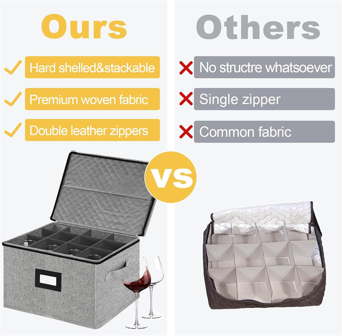 homyfort Wine Glass Storage Box, China Storage Containers with Dividers, Stemware Storage Case Holds 12 Wine Glass or long stem Crystal Glassware with Handles, Hard Shell and Stackable (Grey)