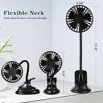 Clip On USB Mini Desk Fan with Emergency Power Bank, Battery Operated Rechargeable Portable Fan - Flexible Neck, 3 Speed Personal Cooling for Car, Camping, Office, Dorm, Beach - Black