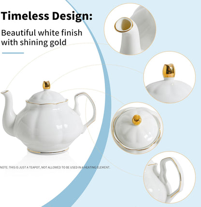 27oz White Porcelain Teapot with Gold Trim, Classic Ceramic Teapot for Loose Leaf Tea & Tea Bags, Elegant Small Teapots for Daily Use or Gifts