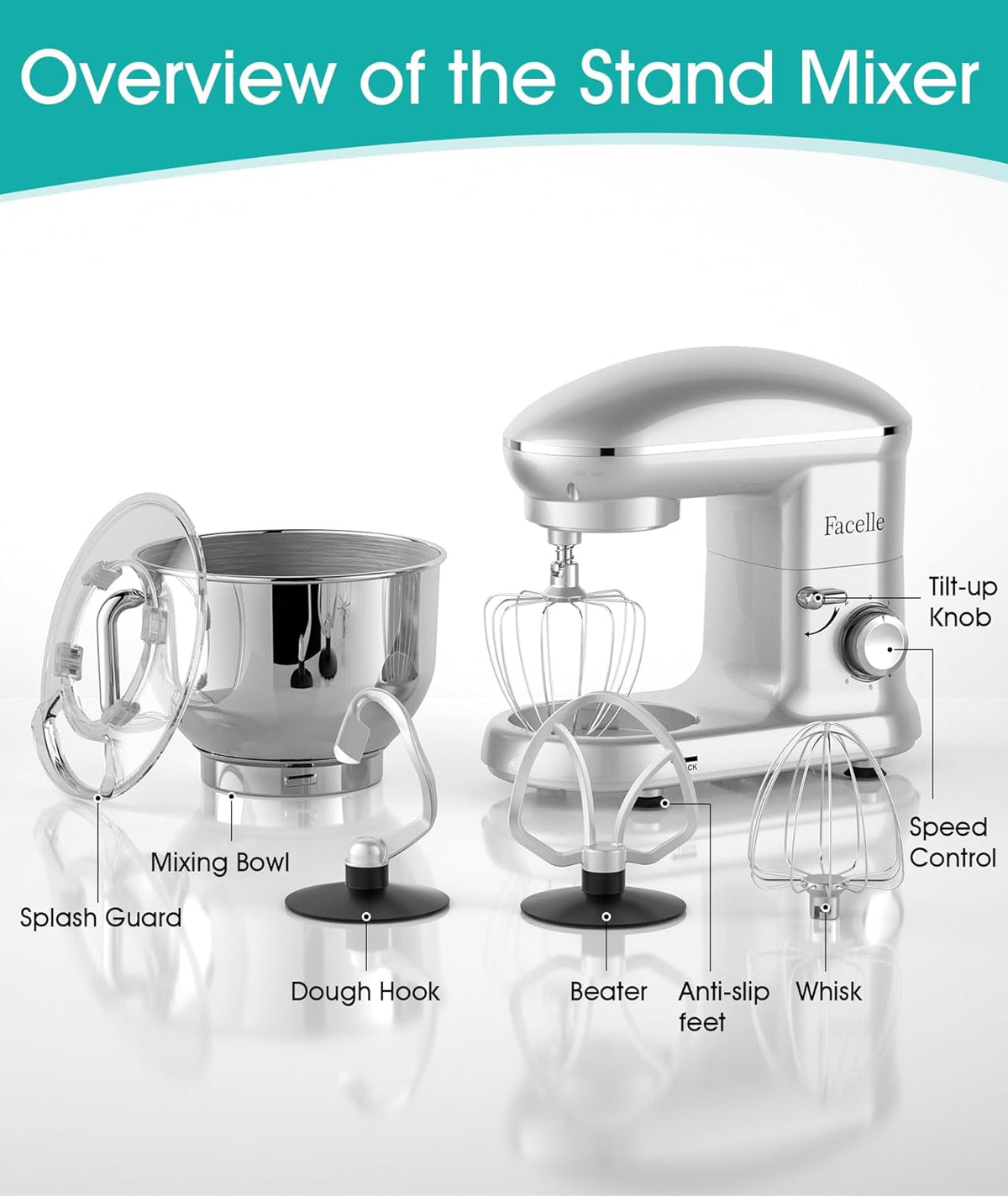 Facelle Stand Mixer, Electric Kitchen Mixer, 6 Speed Tilt-Head Stand Mixer with Pulse, Attachments include 6.5QT Bowl, Dishwasher Safe Beater