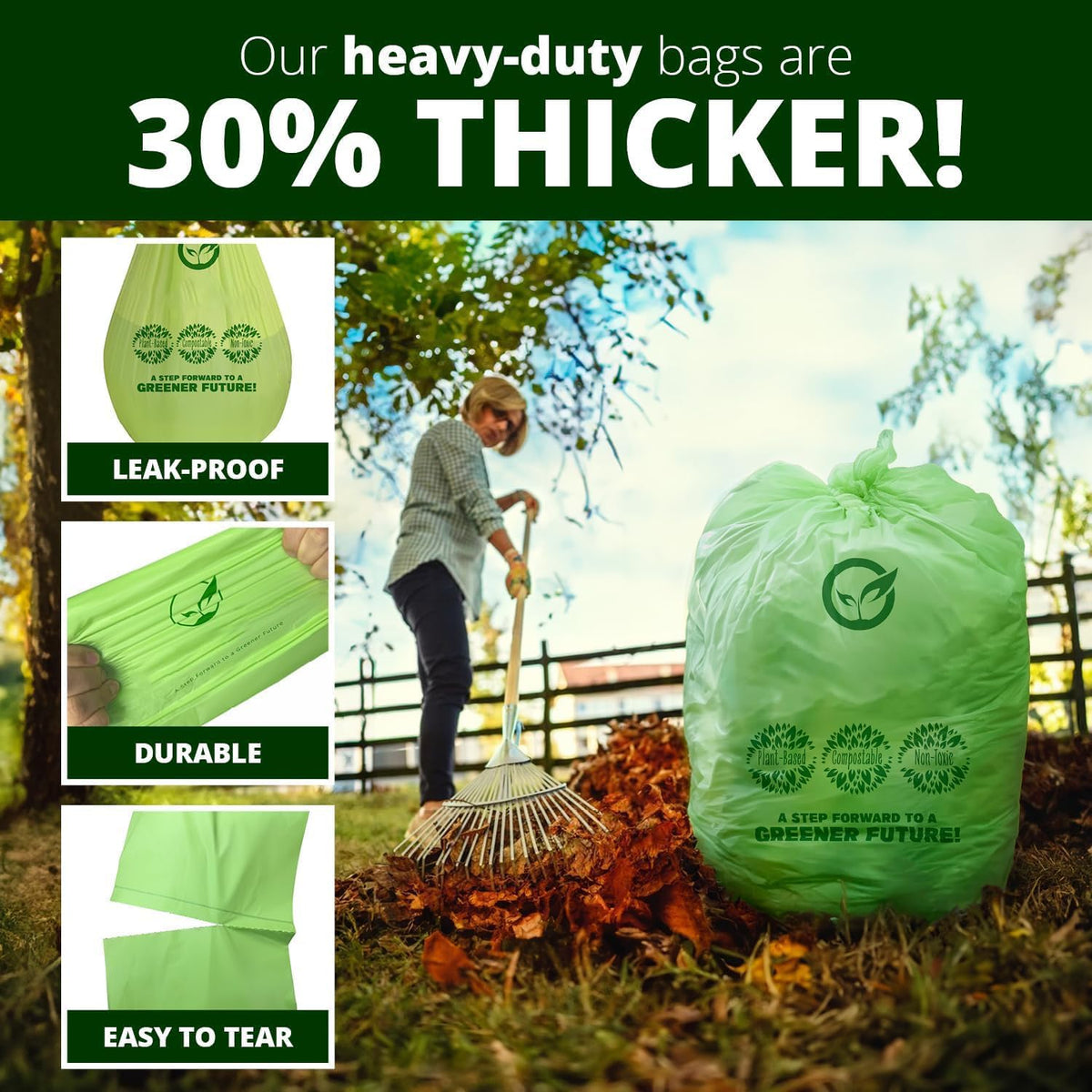 60-64 Gallon Compost bags BPI Certified Compostable Bags Heavy Duty Extra Thick 2 Mil, 242.27 Liter, 12 Bags, Leaf Bag, Lawn, Yard, and Restaurant Use, ASTM D6400, OK Compost Home Certified