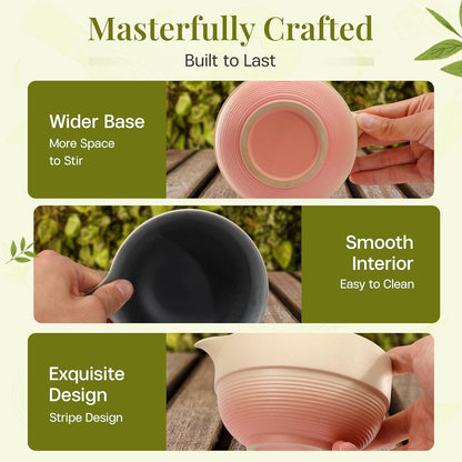 Matcha Whisk Set,includes Matcha Bowl,Matcha Whisk and Holder by Bamboo, Spout, Matcha Sifter Strainer Spoon Scoop Chasen Holder Towel- Perfect Japanese Matcha Set(8 Pcs Pink)