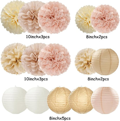 Champagne-Gold White Party-Decorations Paper-Flowers Lanterns - 15PCS Boho Fall Rustic Tissue Pom Poms Streamers,Wedding Baby Bridal Shower Neutral Autumn Birthday Hanging Supplies Decor Hugfond